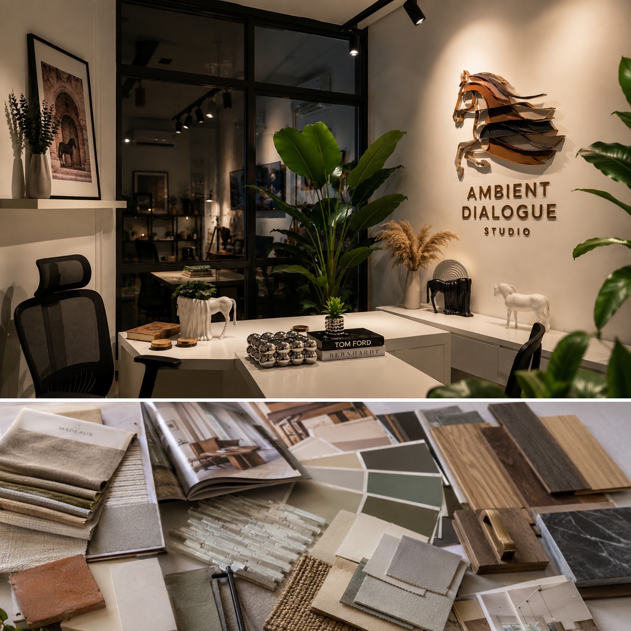 Interior design studio workspace featuring material samples, modern office styling, and creative architectural planning.