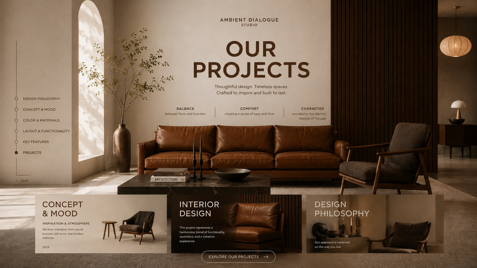 2 Modern interior design project showcase featuring luxury brown leather furniture and minimalist architectural styling by Ambient Dialogue Studio.