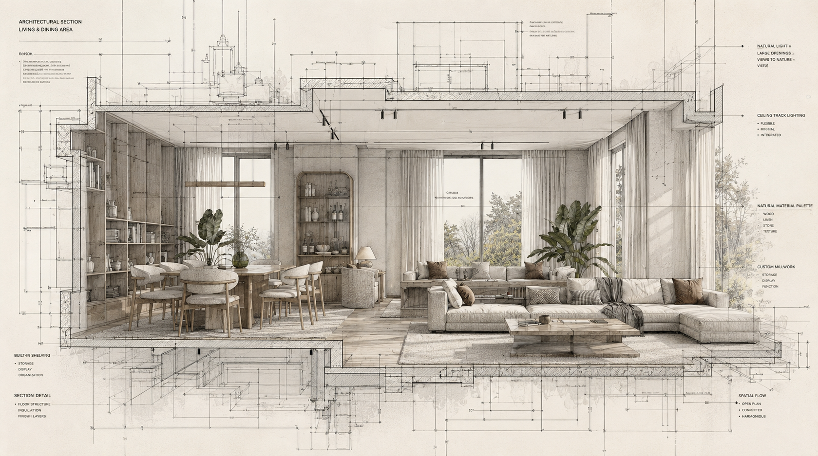 Architectural interior rendering of a modern open-space living and dining area with minimalist furniture and detailed design blueprint overlays.