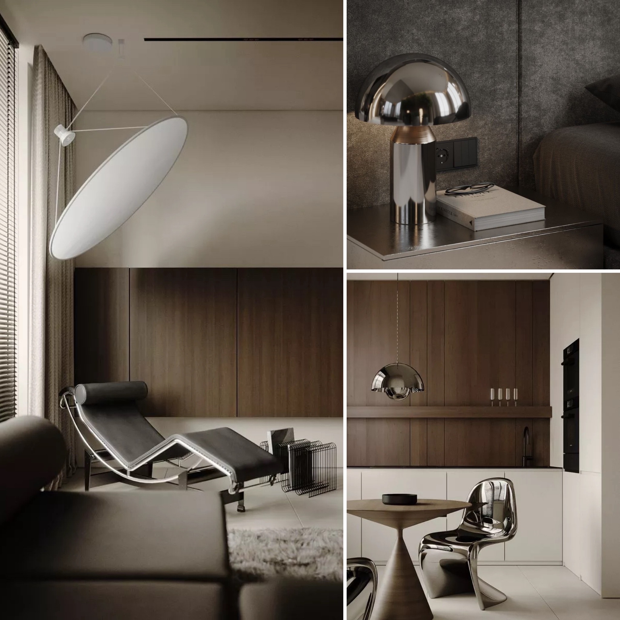 Modern luxury interior collage featuring minimalist furniture, ambient lighting, and contemporary architectural styling.