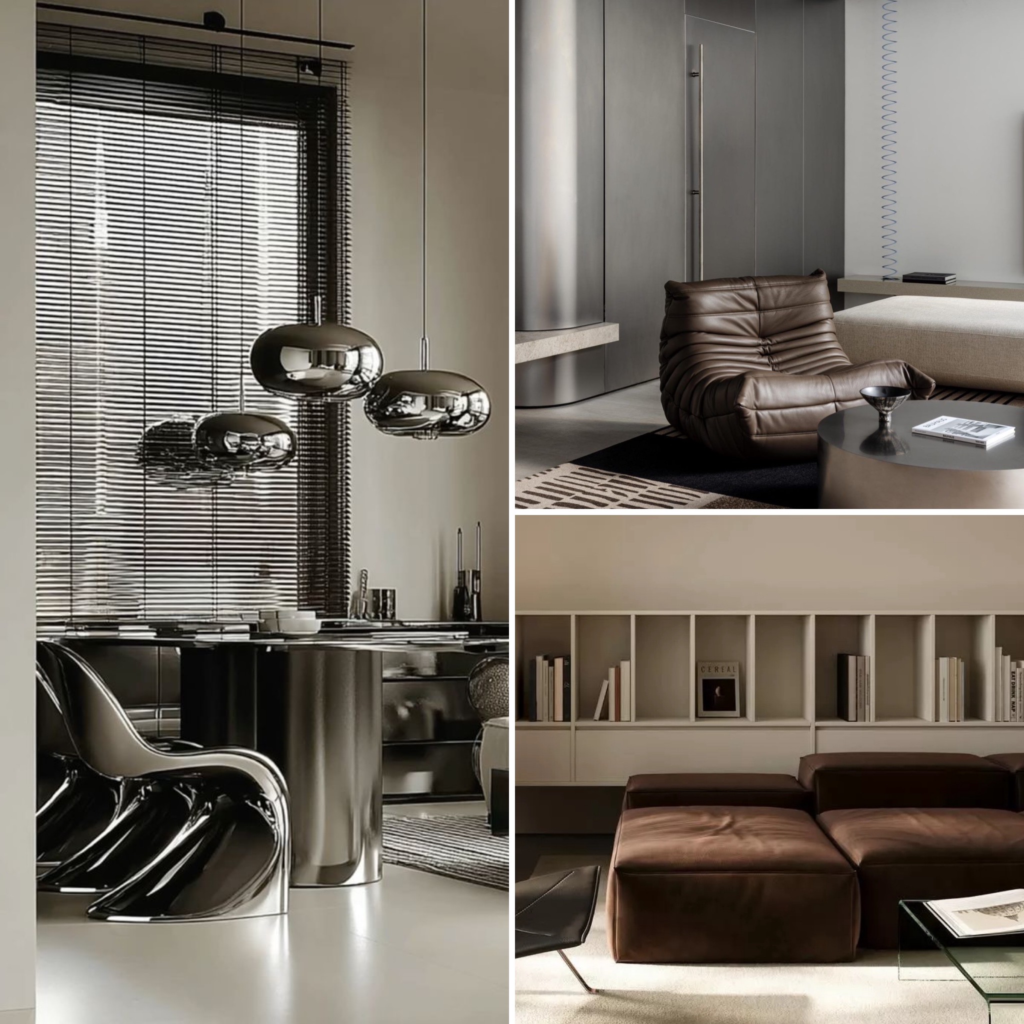 Contemporary luxury interior spaces featuring leather furniture, metallic decor elements, and minimalist modern styling.