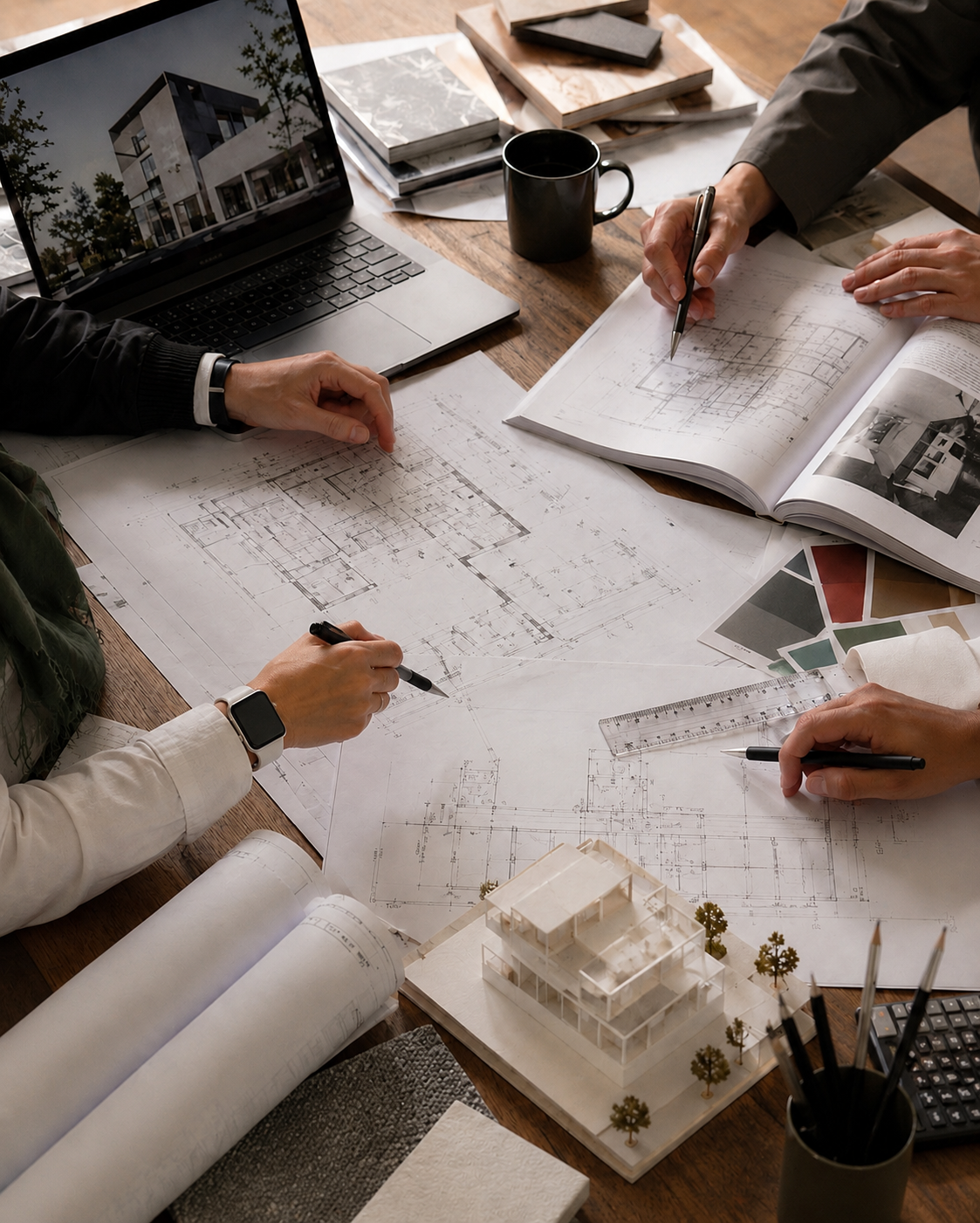 Architecture and interior design team reviewing residential blueprints, floor plans, and conceptual building models.